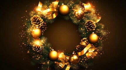 Festive Christmas wreath with golden ornaments, pine cones, and sparkling lights on a dark background. Holiday decoration with elegant ribbon and copy space.