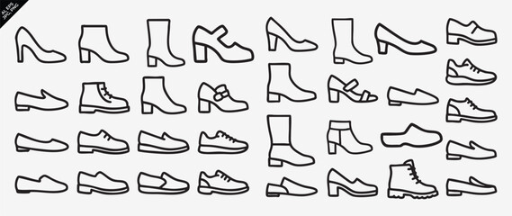 illustrated shoe collection in black outline style on white background
