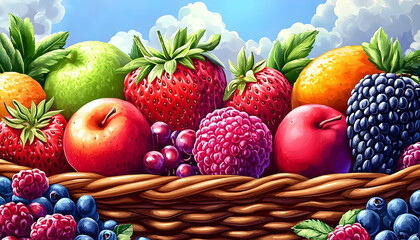 Vivid fruits (apples, strawberries, oranges, raspberries, blueberries, blackberries, grapes) sit in a woven basket
