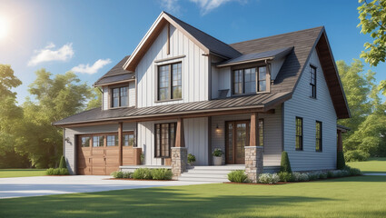 Mid-Century Modern House &ndash; Warm Beige Exterior on a Sunny Day, 4K Rendering