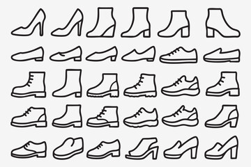 illustrated shoe collection in black outline style on white background
