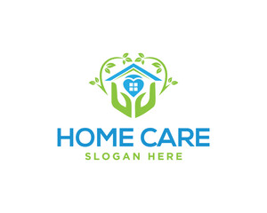 Home care vector template featuring hands house heart and leaves for logo design and branding