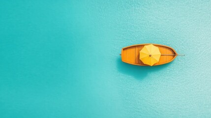 Wooden boat with yellow umbrella on turquoise water