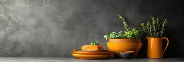 Rustic kitchenware with herbs and baked goods