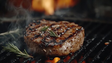 Charcoal-grilled pork chop showcases perfect grill marks and fragrant rosemary in this culinary delight, enhancing the sensory experience of outdoor dining and grilling