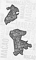 Macao regions map word cloud. Macao region names. Black and white map design. Elegant vector illustration.