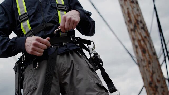 Power Line Technician Fastening Harness Before Pole Climb
