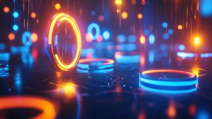 Abstract neon rings glowing with blue and orange lights on a dark surface. Futuristic technology concept with vibrant colors and dynamic lighting effects for modern designs.