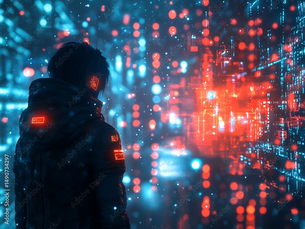 Aufkleber cyberpunk visionary contemplating digital nexus with augmented reality interface