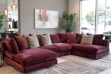 Fototapeta premium A contemporary sectional in rich burgundy fabric, with deep cushions and soft pillows, set in a cozy urban living space with chic accents -