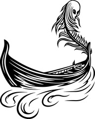 SVG A flaming skull tattoo in dark art style with skeleton elements. Intricate Black and White Illustration of a Ghostly Fishing Boat