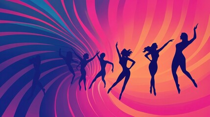 Silhouettes of women dancing against a vibrant backdrop with swirling lines, conveying energy and movement in a dynamic composition. Party and dance concept.
