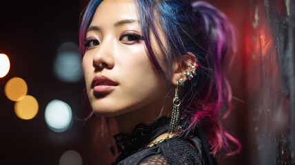 Half Body Portrait of an Asian Woman in Punk Fashion with Colorful Hair and Bold Accessories at Night