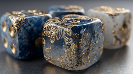 Close Up Of Luxury Marbled Blue Gold Polyhedral Dice