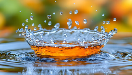 Water droplet impact forms a crown shape against a blurred background of vibrant autumn foliage
