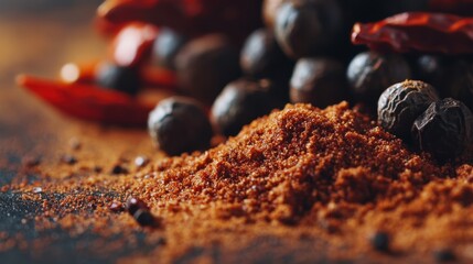 Explore the vibrant essence of ground red chili mingled with whole peppercorns on a rustic surface in a detailed close-up view showcasing the spice's rich texture and color