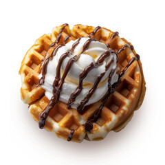 Waffle with whipped cream and chocolate sauce on top isolated on white background. Delicious waffle dessert with chocolate and ice cream on top.
