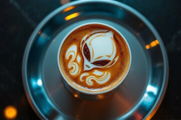 A cup of coffee with latte art depicting an alien face, placed on a reflective metallic tray