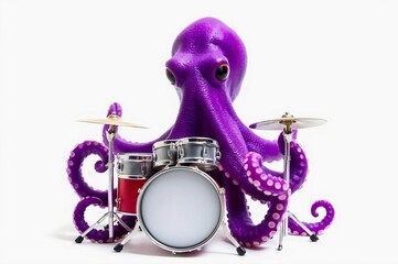 A purple octopus  playing a drum set