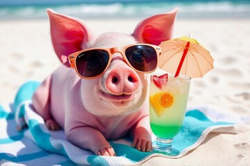 A pig on a beach towel, wearing sunglasses next to a tropical drink 