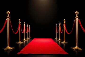 A red carpet with gold stanchions on a dark background