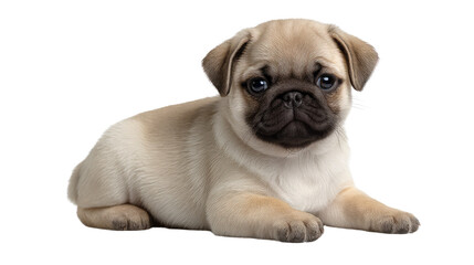Obraz premium Pug Puppy: A captivating studio shot of a pug puppy, its charming wrinkles and endearing eyes steal the show as it reclines gracefully.