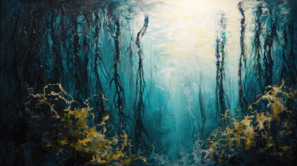 Submerged forest scene, painted in deep teal tones.