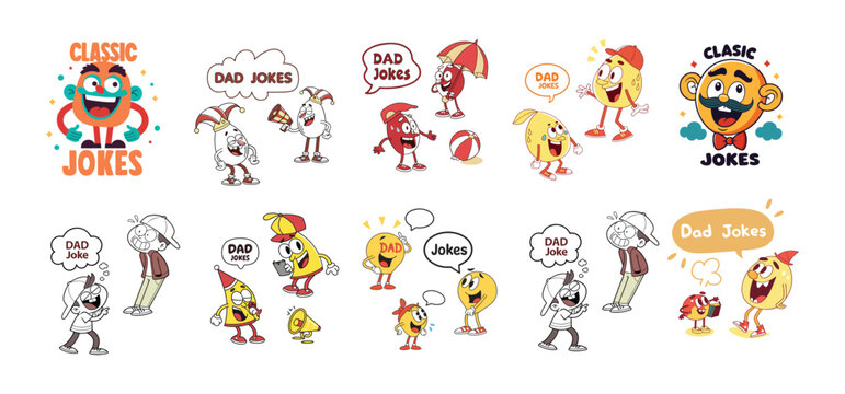 Funny Dad Jokes Icon Set for Father&rsquo;s Day &ndash; Humorous Vector Illustration Pack, Celebrate Father&rsquo;s Day with a smile! This hilarious dad jokes icon set features fun, quirky, and pun-filled vector. 