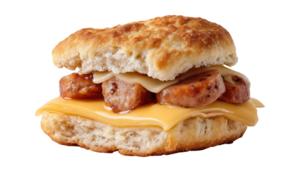 Breakfast Sausage Biscuit: A close-up shot of a scrumptious breakfast sausage biscuit featuring a fluffy biscuit sandwiching savory sausage and melted cheese, a tasty treat to kick start the day.
