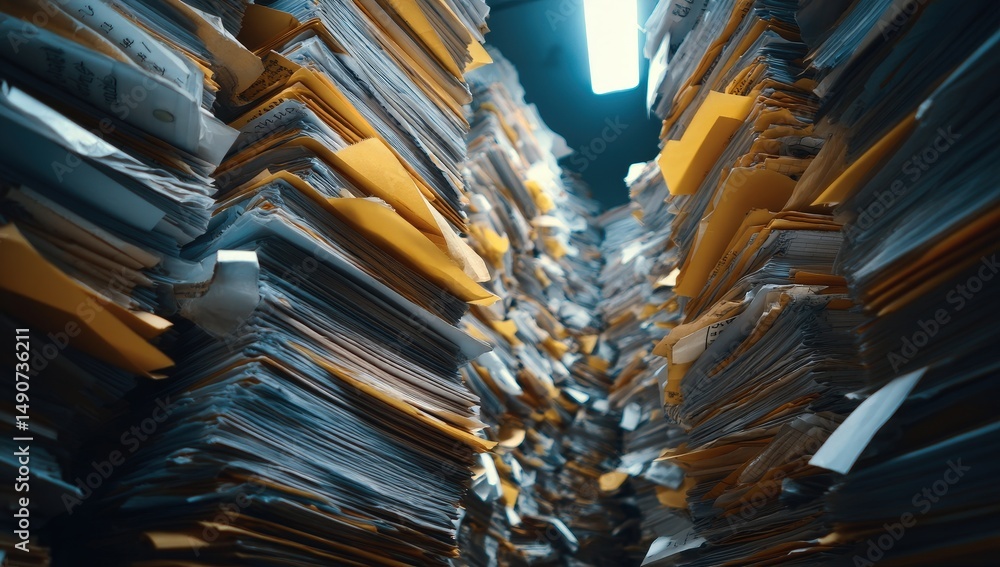 Poster digitization process ,a large, chaotic stack of paper files and folders forms a dense corridor, illu