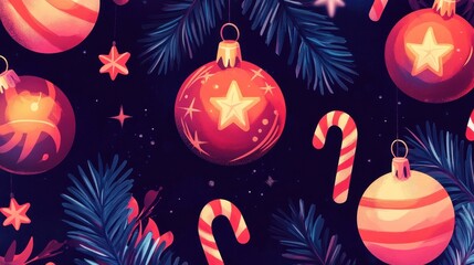 Festive Christmas background with ornaments, candy canes, and fir branches. Holiday season design featuring traditional decorations and a dark backdrop.
