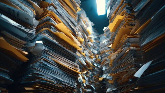 digitization process ,A large, chaotic stack of paper files and folders forms a dense corridor, illustrating overwhelming paperwork and document overload.