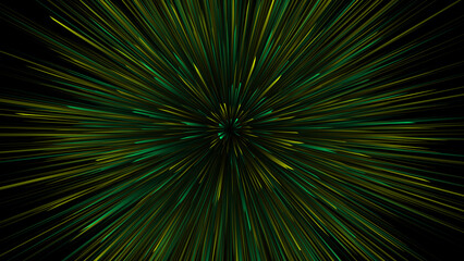 Obraz premium Explosive green warp speed visual with neon streaks, ideal for sci-fi concepts and virtual space journeys.