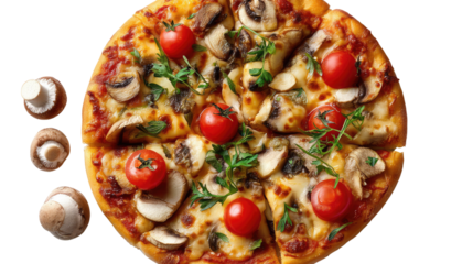 Delicious Pizza Delight: A mouthwatering pizza, adorned with fresh mushrooms and succulent cherry tomatoes, and crafted with expert precision and care, the perfect culinary creation.