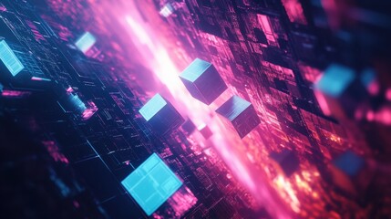 Abstract technology background with cubes and circuit patterns in blue and pink tones. Futuristic digital network concept with geometric shapes and neon lights.