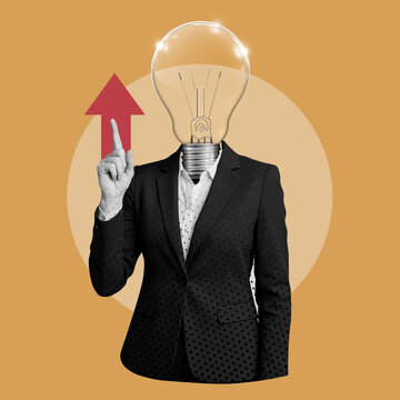 Creative Businesswoman with Lightbulb Head and Upward Arrow Concept.