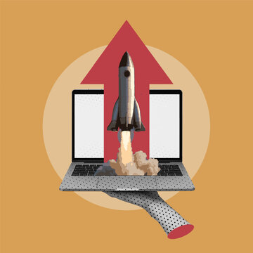 Collage Rocket Launching from Laptop. Startup and Digital Business Growth Concept.
