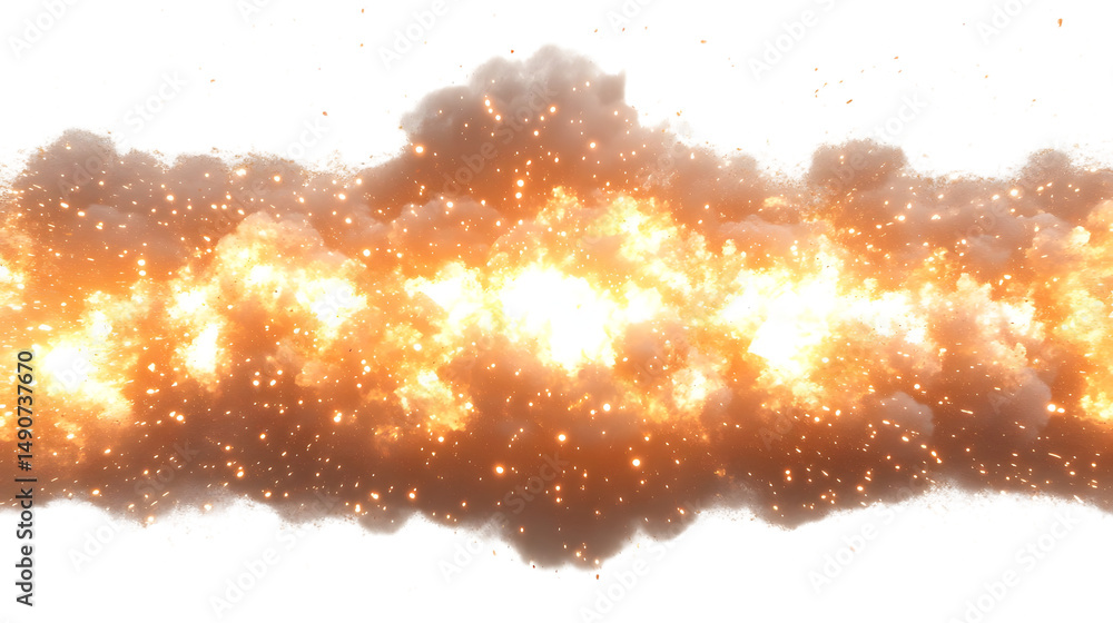 Poster dynamic explosion of colorful clouds illuminated by sparkling golden particles in a cosmic display