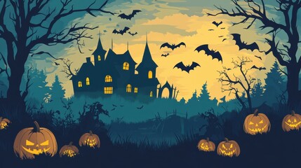 Halloween night illustration featuring a spooky house, pumpkins, trees, and bats flying in the moonlight. Festive design for holiday themed backgrounds and decorations.