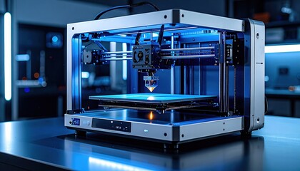 Advanced 3D Printer in Modern Workshop with Blue Lighting