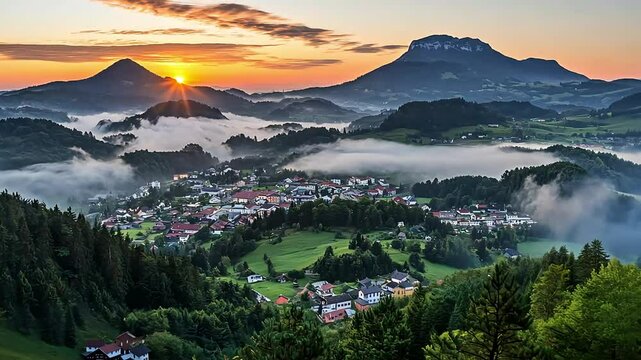 Majestic sunrise over a picturesque village nestled in a valley shrouded in morning mist, with rolling hills and distant mountains