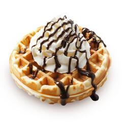 Waffle with whipped cream and chocolate sauce on top isolated on white background. Delicious waffle dessert with chocolate and ice cream on top.