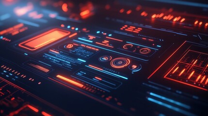 Futuristic interface with glowing red and blue elements, displaying data and charts. Concept for technology, data analysis, digital display, and modern user interface design.