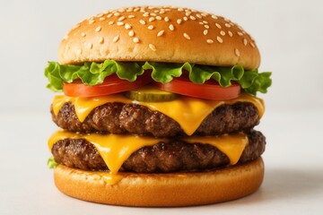 Double Cheeseburger with Lettuce and Pickles: A delicious double cheeseburger with two juicy beef patties, melted cheese, crisp lettuce, and tangy pickles, perfect for a satisfying meal. 