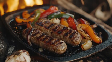 Sizzling grilled sausage medley with colorful peppers and onions on a rustic flat iron pan over an open flame in a cozy outdoor setting