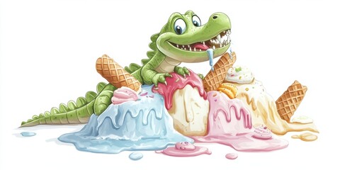 Playful Cartoon Crocodile Enjoying Giant Piles of Melting Ice Cream in Different Flavors

