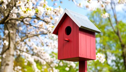 Naklejka premium Red Birdhouse in a Blossoming Garden