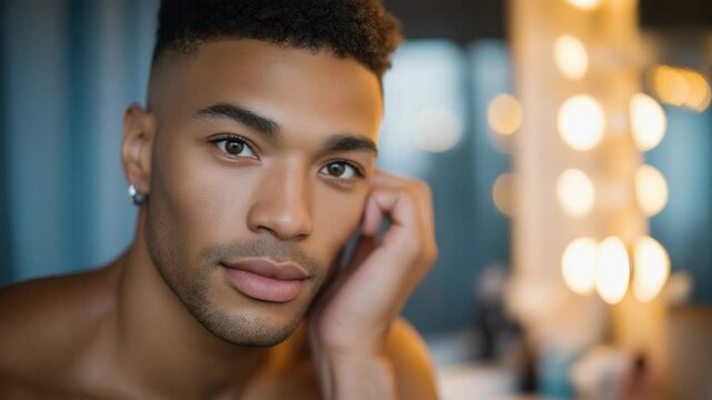 Transgender man confidently embraces his identity in a vanity area