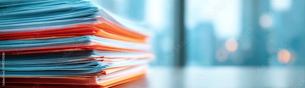 Poster digitization process ,a stack of colorful documents and files sits on a desk in a modern office sett