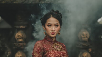 Half Body Portrait of an Asian Woman in Traditional Balinese Attire Surrounded by Gentle Smoke